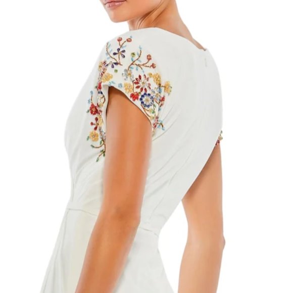 MAC DUGGAL 55709 EMBELLISHED SLEEVE JERSEY WRAP WHITE MULTI GOWN sz 6 - Picture 6 of 9